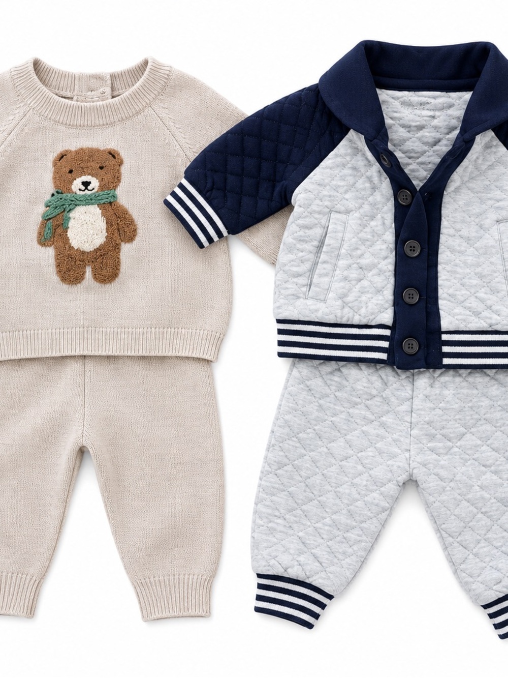Little Me Baby Boy Sweater Sets 3M – 2 Outfit Bundle Knit & Quilted